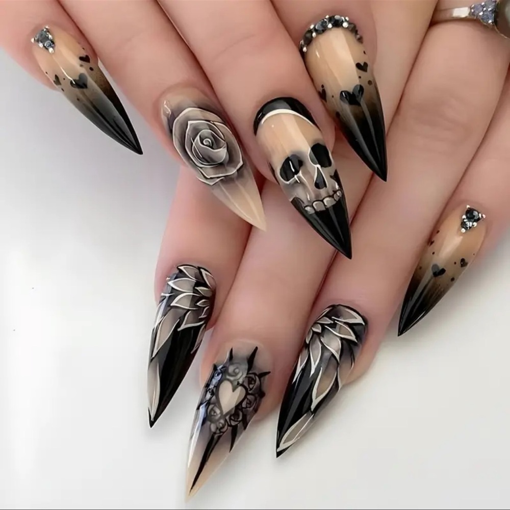Press-On Nails, NIB, ALMOND SHAPE, Spooky, Goth, Dark Side, Instant Mani…